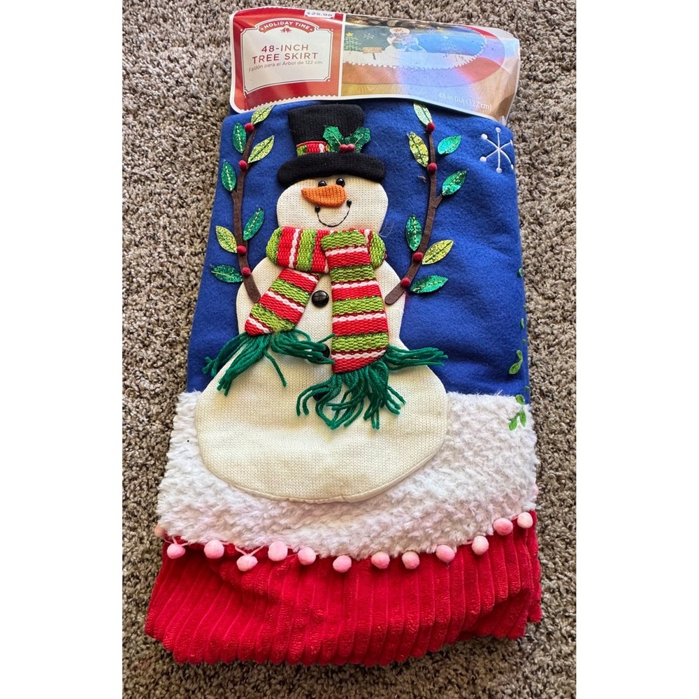 Holiday Time Snowman Christmas Tree Skirt 48 Inch Blue Red Pom Pom New
